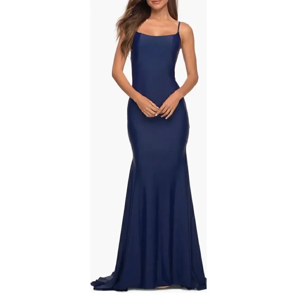 La Femme Sleeveless Jersey Gown with Train in Navy Blue NWOT Size 0